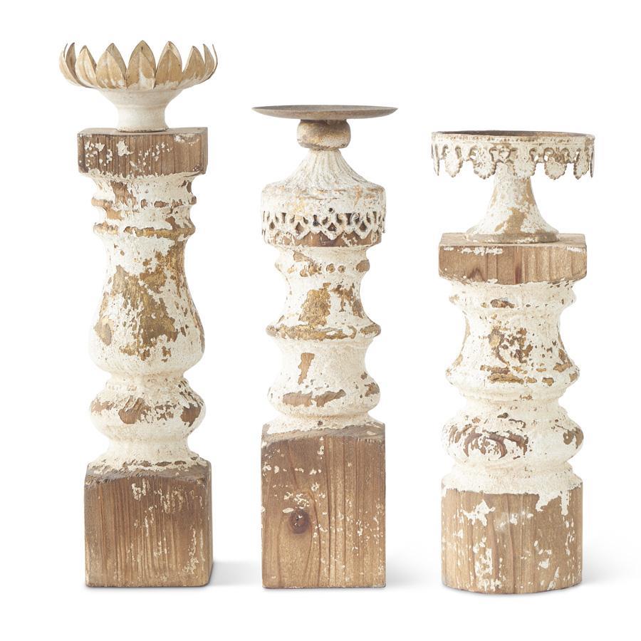 Set of 3 Metal & Wood Candle holders w/whitewashed