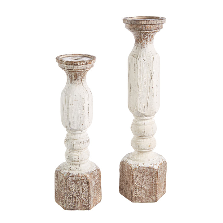 White Wood Embossed Candle Holders