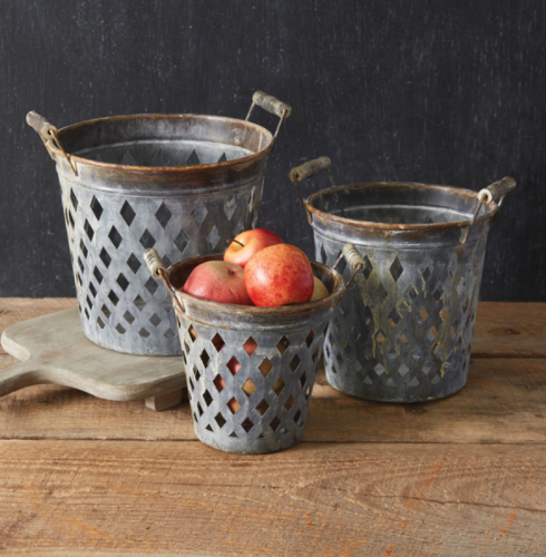 Three Rustic Weave Metal Buckets