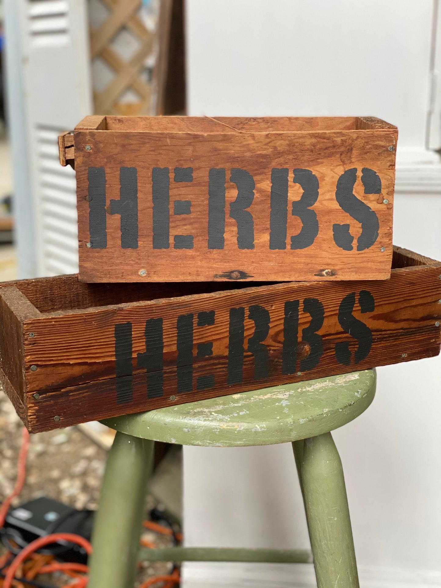 Antique boxes with herbs stamped