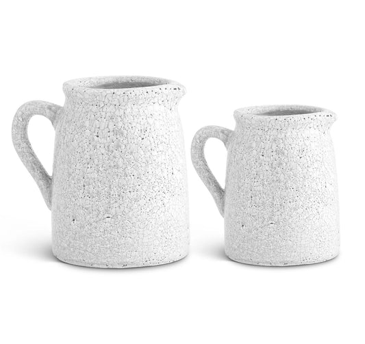 Set of 2 White Crackle Glazed Terracotta Pitchers